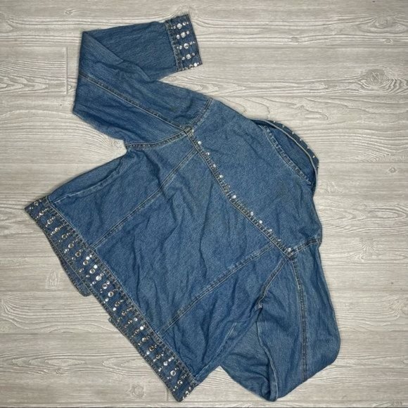 Don’t mess with Texas denim blue Jean jacket hem rhinestone detail cotton large - Picture 2 of 5